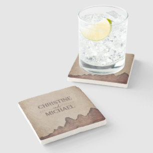 Vintage rustic paper brown mountains wedding stone coaster