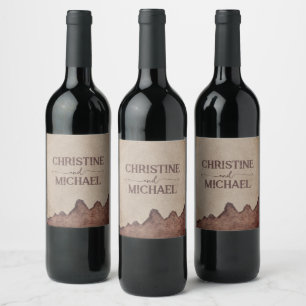 Vintage rustic paper brown mountains wedding wine label