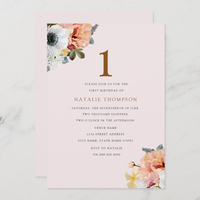 Vintage Rustic Peach Floral 1st Birthday Invite (Front/Back)