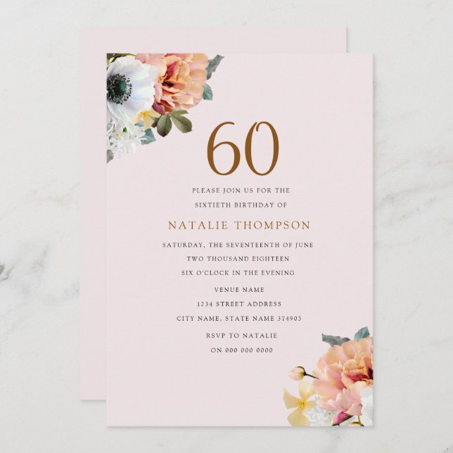 Vintage Rustic Peach Floral 60th Birthday Invite (Front/Back)