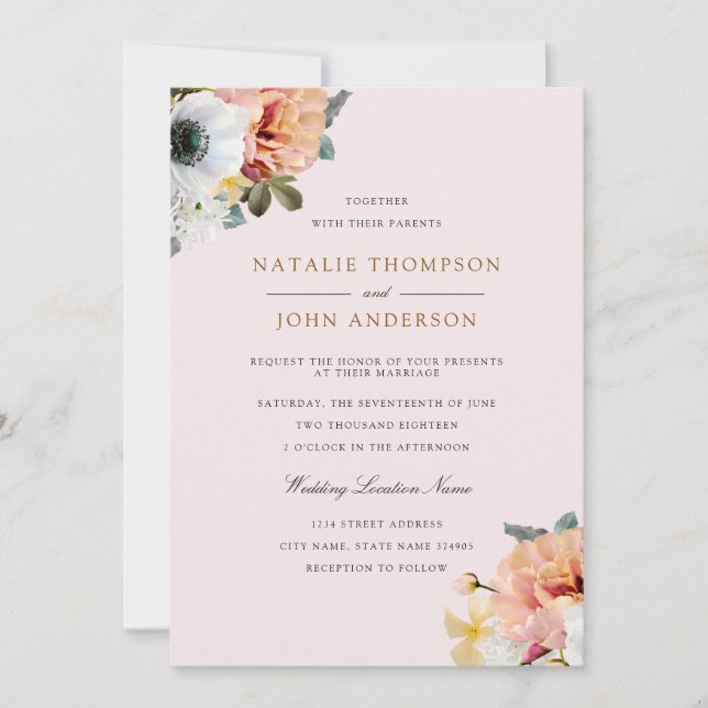 Vintage Rustic Peach White Floral Wedding Invite (Front)