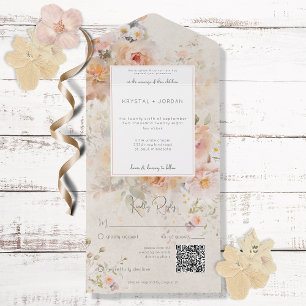 Vintage Rustic Pink Blush Floral Frame QR Code All In One Invitation