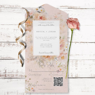 Vintage Rustic Pink Floral Frame QR Code All In One Invitation