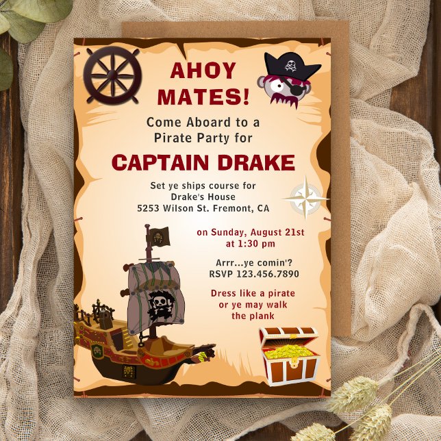 Vintage Rustic Pirate Theme Birthday Party Invite (Creator Uploaded)