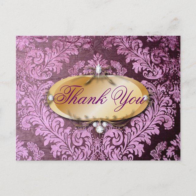 vintage rustic purple damask wedding thank you postcard (Front)