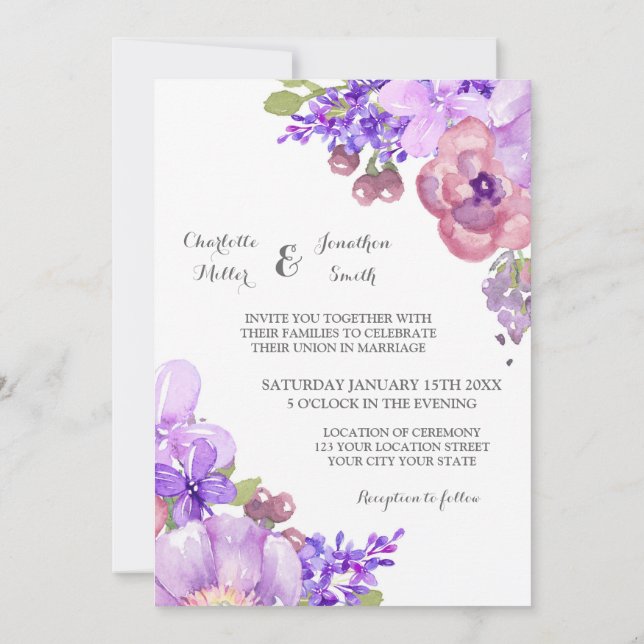 Vintage Rustic Purple Flowers Wedding Invitations (Back)