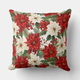 Vintage Rustic Red Christmas Flowers Leaves Cushion