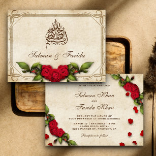 Vintage Rustic Red Roses Islamic Muslim Wedding Invitation