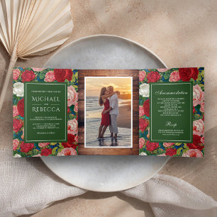 Vintage Rustic Romantic Red Roses Photo Wedding Tri-Fold Invitation