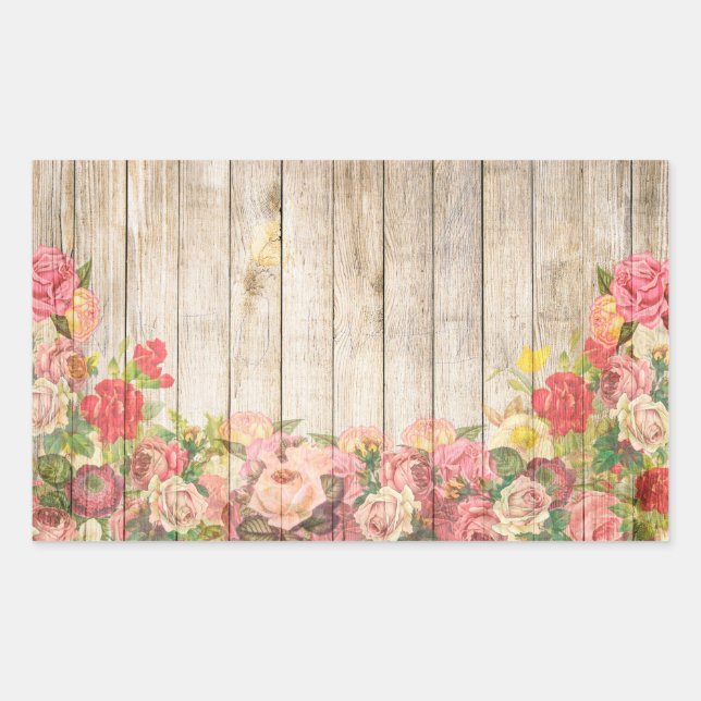 Vintage Rustic Romantic Roses Wood Rectangular Sticker (Front)
