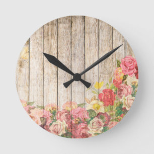 Vintage Rustic Romantic Roses Wood Round Clock