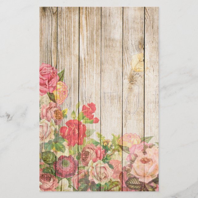 Vintage Rustic Romantic Roses Wood Stationery (Front)