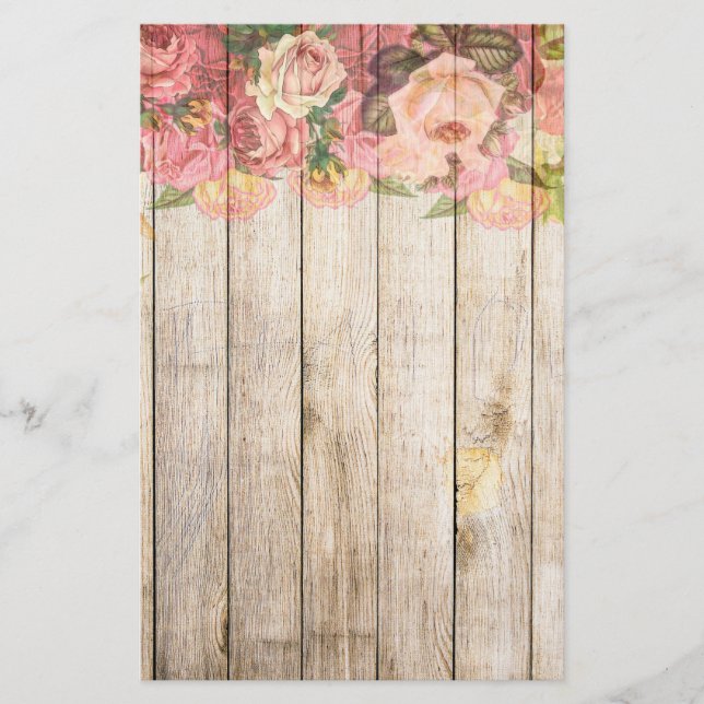 Vintage Rustic Romantic Roses Wood Stationery (Front)