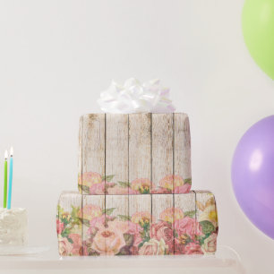 Vintage Rustic Romantic Roses Wood Wrapping Paper