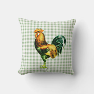 Vintage Rustic Rooster on Sage Gingham Plaid Cushion
