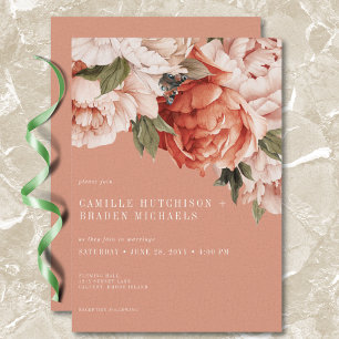 Vintage Rustic Rust & Peach Peonies Wedding Invitation