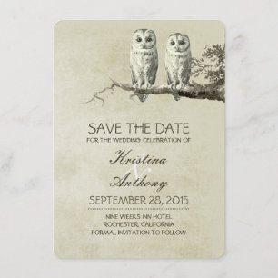 Vintage rustic save the date cards with OWL couple