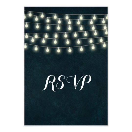 Vintage Rustic String Lights Navy Blue Wedding Card