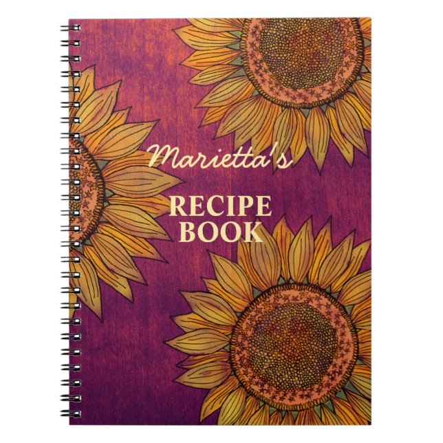  Vintage Rustic Sunflower Art Purple Custom Recipe Notebook (Front)