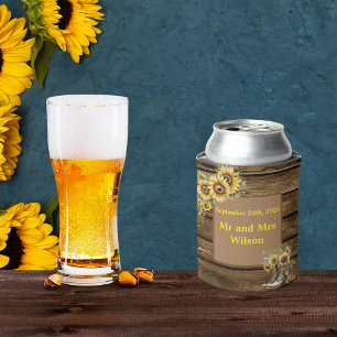 Vintage Rustic Sunflowers Country Wedding Can Cooler