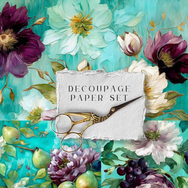 Vintage Rustic Teal & Plum Floral Decoupage Paper  (Creator Uploaded)