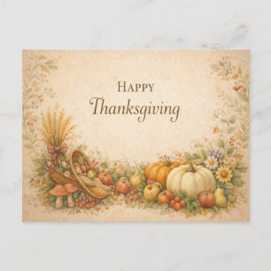 Vintage Rustic Thanksgiving Cornucopia Harvest  Holiday Postcard