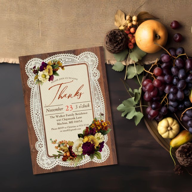 Vintage Rustic Thanksgiving Lace & Floral Dinner Invitation (Creator Uploaded)