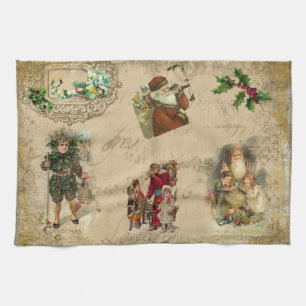 Vintage Rustic Victorian Christmas Collage  Tea Towel