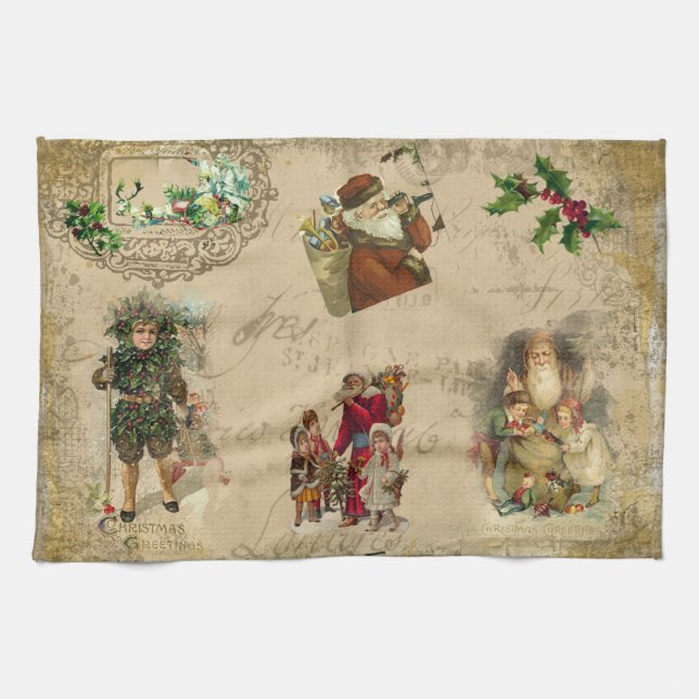Vintage Rustic Victorian Christmas Collage  Tea Towel (Horizontal)
