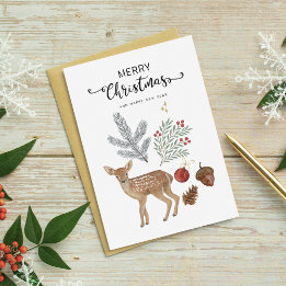 Vintage Rustic Watercolor Deer & Pine Botanicals Holiday Card