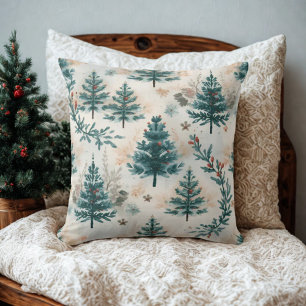 Vintage Rustic Watercolor Winter Pine Tree Pattern Cushion