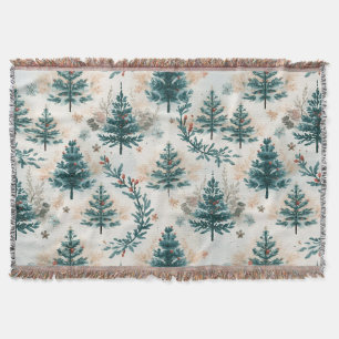 Vintage Rustic Watercolor Winter Pine Tree Pattern Throw Blanket