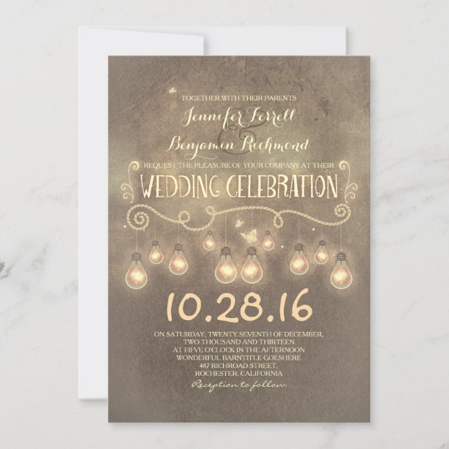 Vintage rustic wedding invitation with lights (Front)