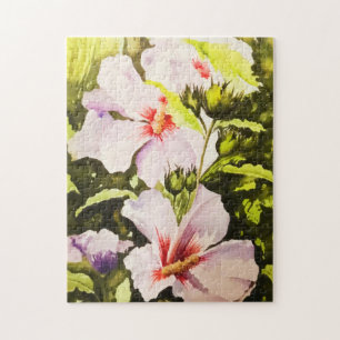 Vintage Rustic White Floral Greenery Watercolor Jigsaw Puzzle