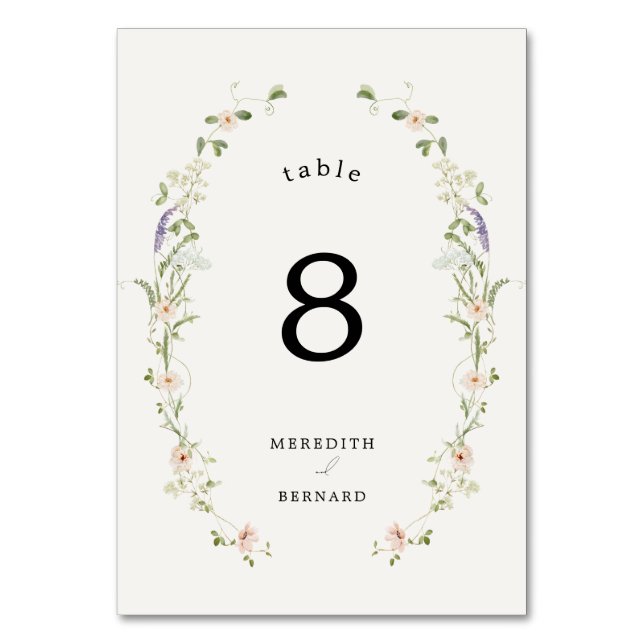 Vintage Rustic Wildflower Wedding Table Number (Front)