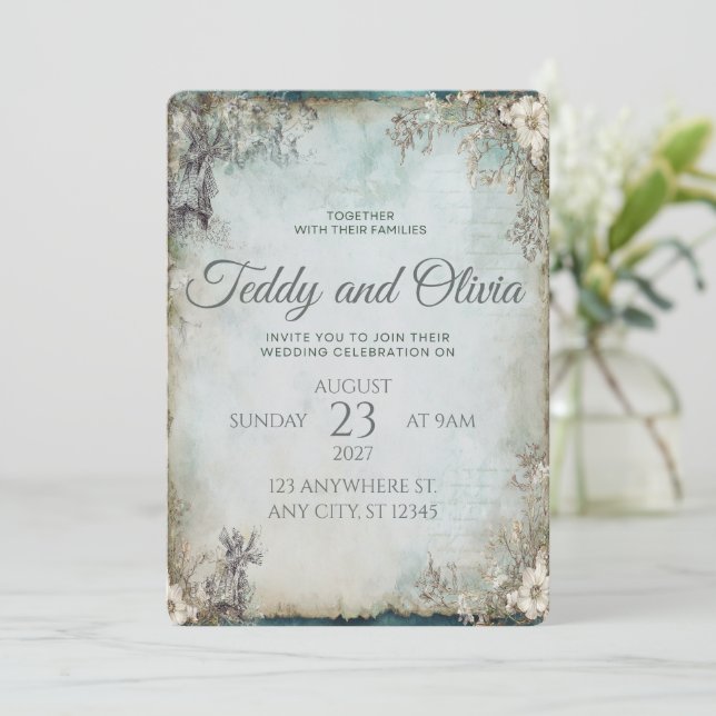 Vintage Rustic Windmill Floral Wedding Invitation (Standing Front)
