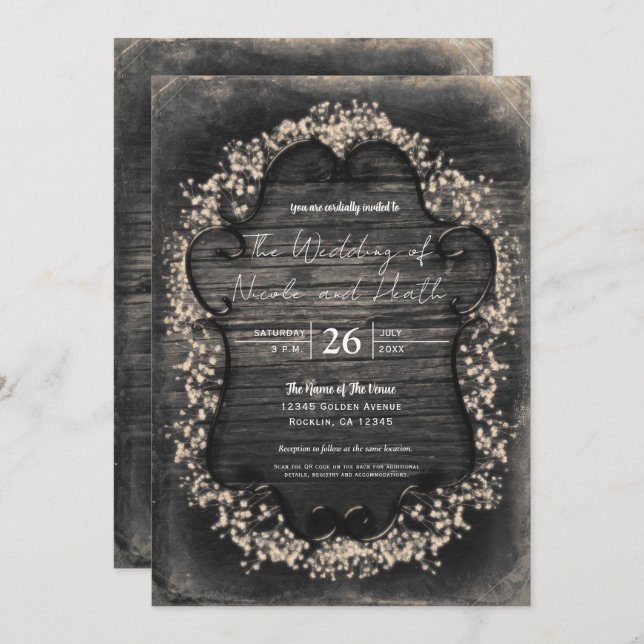 Vintage Rustic Wood & Baby's Breath Invitations (Front/Back)