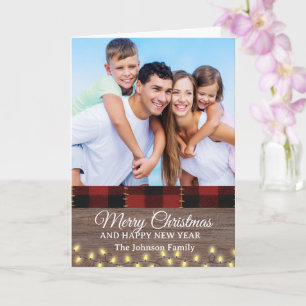 Vintage Rustic Wood Buffalo Plaid Photo Christmas  Card