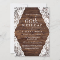 Vintage Rustic Wood Lace 60th birthday Invite
