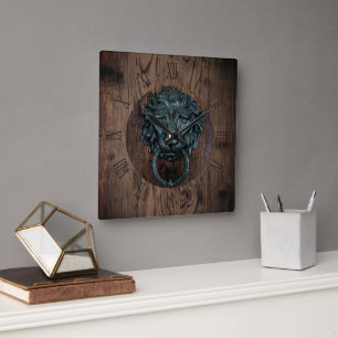 Vintage rustic wood lion door knocker print square wall clock