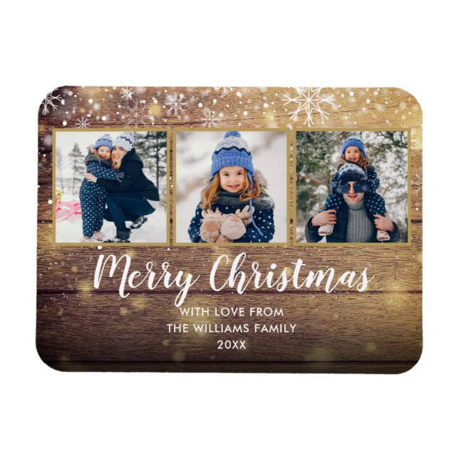 Vintage Rustic Wood Merry Christmas 3 Photo Magnet (Horizontal)