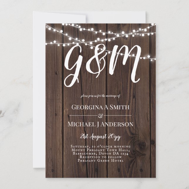 Vintage Rustic Wood Strings Lights Barn Wedding Invitation (Front)