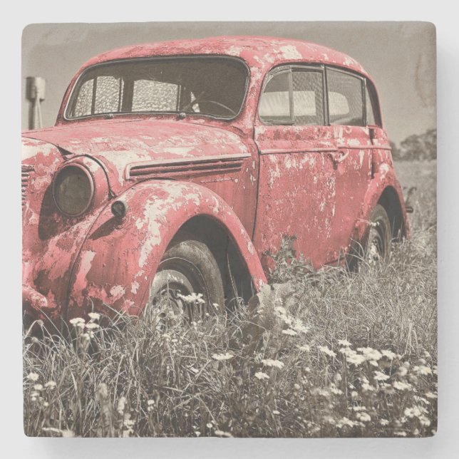 Vintage Rusty Red Truck Stone Coaster (Front)