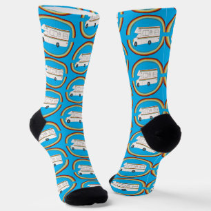 Vintage RV Camper Double Rainbow on Blue Colourful Socks