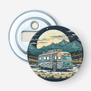 Vintage RV in the Mountains with Full Moon Bottle Opener