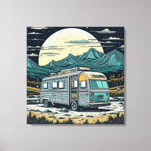 Vintage RV in the Mountains with Full Moon Canvas Print