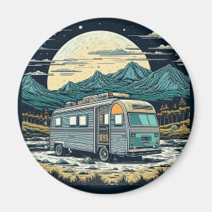Vintage RV in the Mountains with Full Moon Magnet
