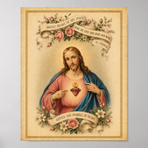 Vintage Sacred Heart of Jesus w St. Therese Prayer Poster