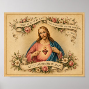 Vintage Sacred Heart of Jesus w St. Therese Prayer Poster