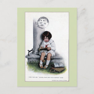 Vintage sad little girl, school days 1909 Weymouth Postcard
